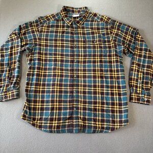 Columbia Lined Flannel Shirt Mens XL Blue Brown Plaid Long Sleeve Shacket Heavy